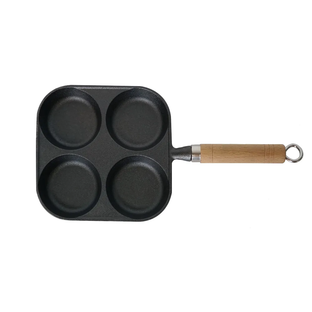 4-hole cast iron egg pan with a wooden handle, breakfast frying pan for eggs, steaks and hamburgers