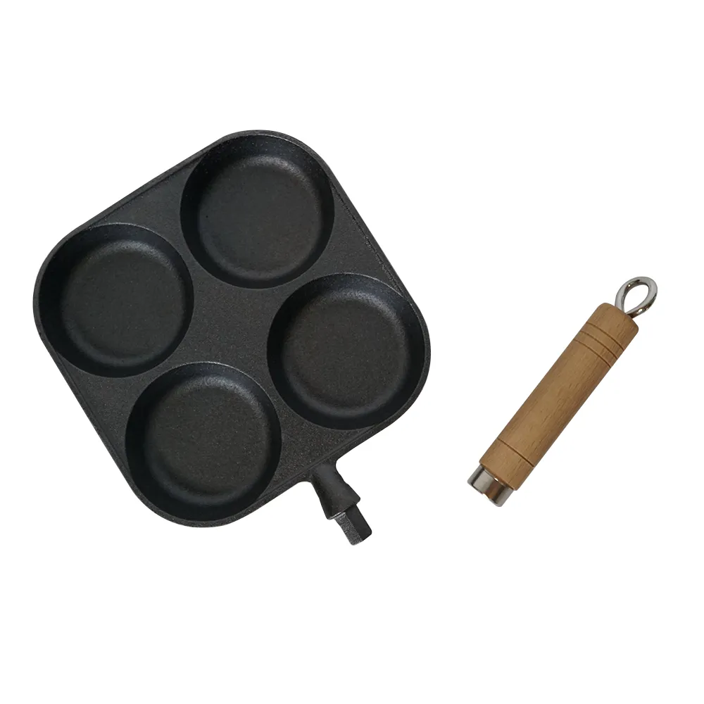 4-hole cast iron egg pan with a wooden handle, breakfast frying pan for eggs, steaks and hamburgers
