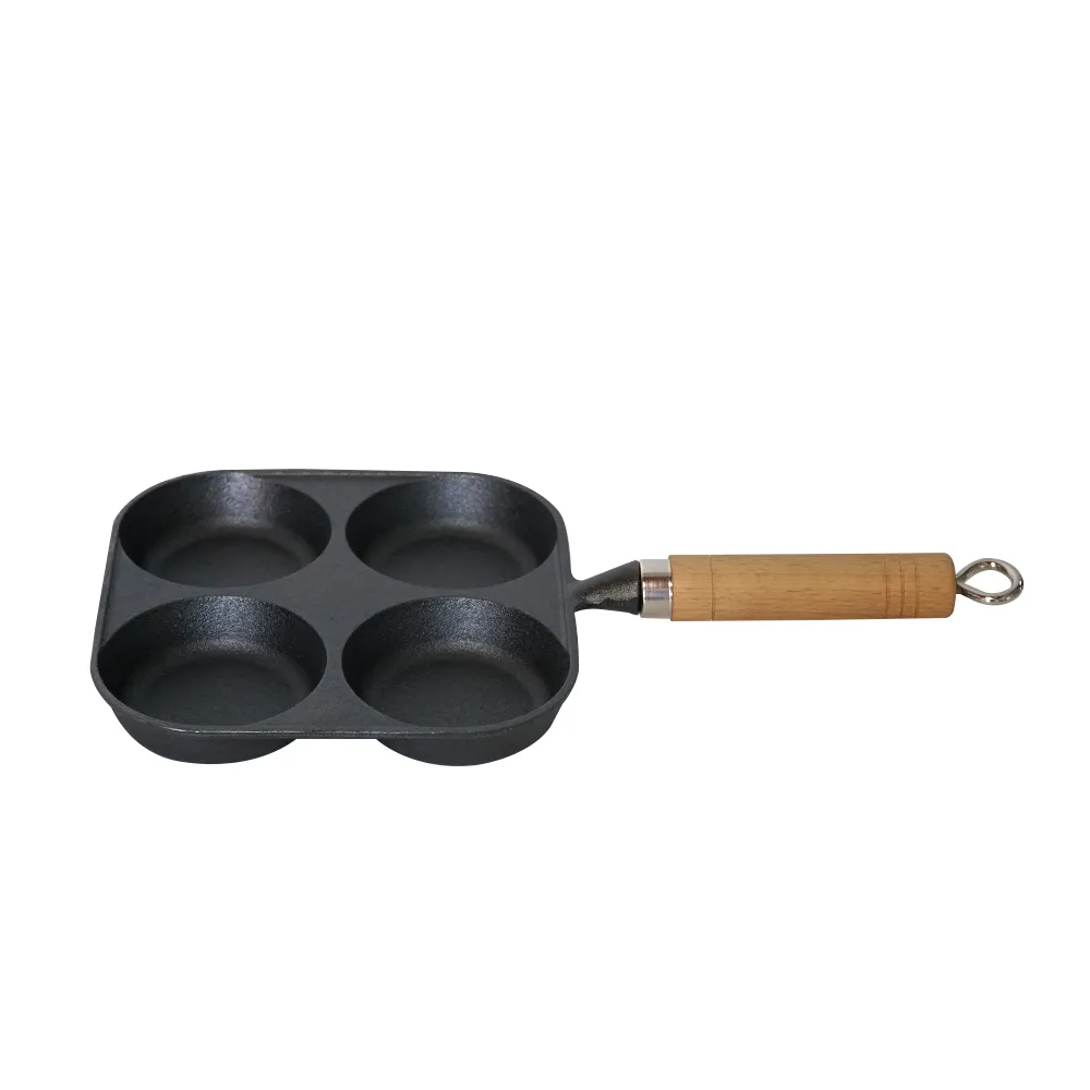 4-hole cast iron egg pan with a wooden handle, breakfast frying pan for eggs, steaks and hamburgers