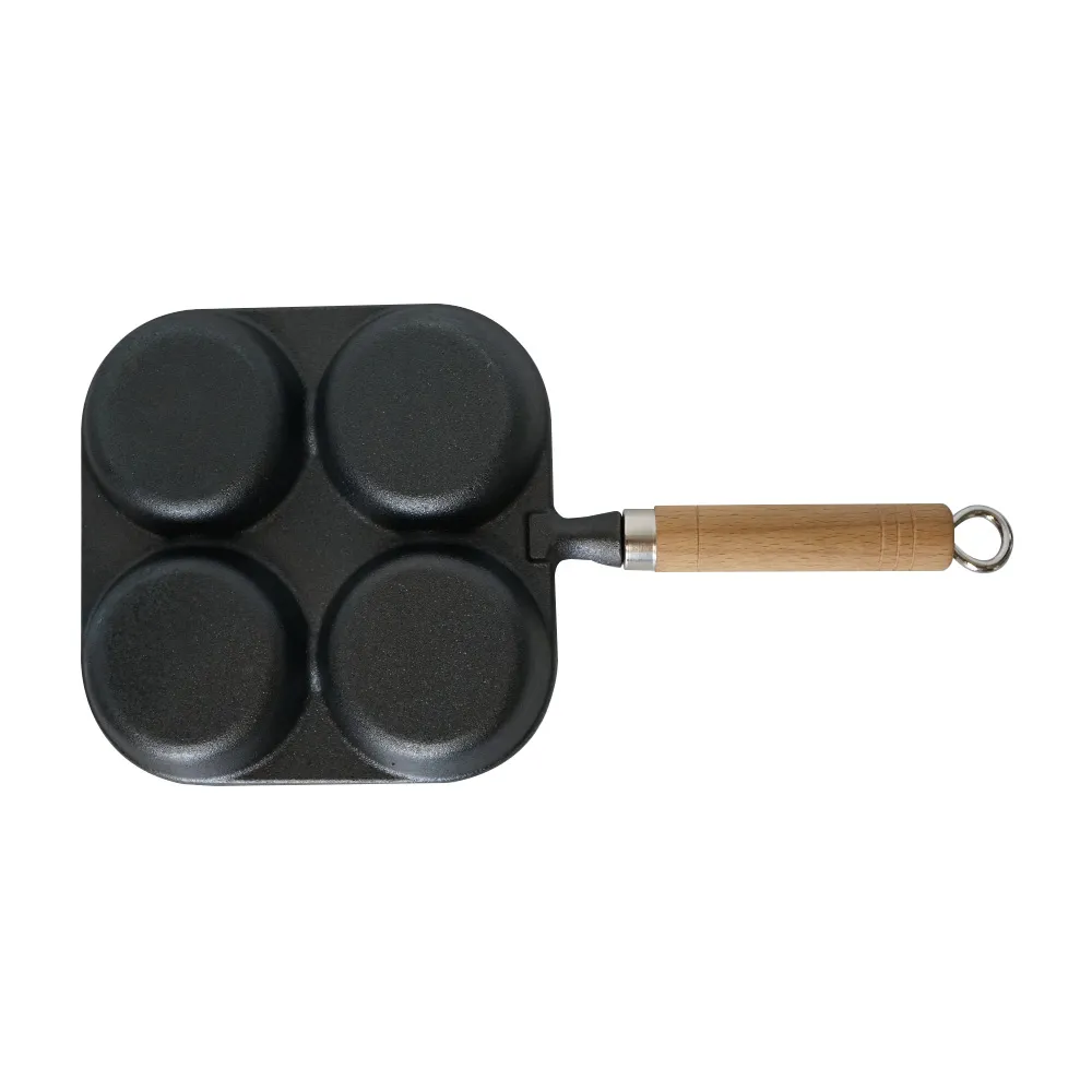 4-hole cast iron egg pan with a wooden handle, breakfast frying pan for eggs, steaks and hamburgers