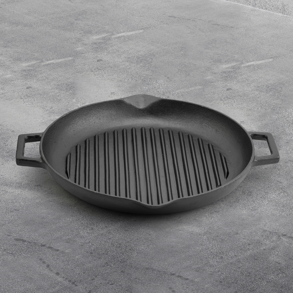 Cast iron baking tray, round double-handle ribbed frying pan, outdoor cookware, cast iron grill