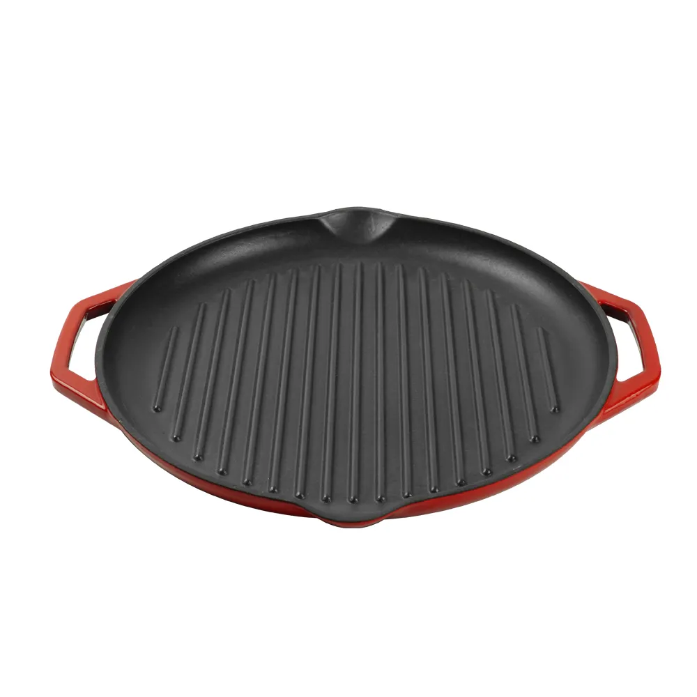 Cast iron baking tray, round double-handle ribbed frying pan, outdoor cookware, cast iron grill
