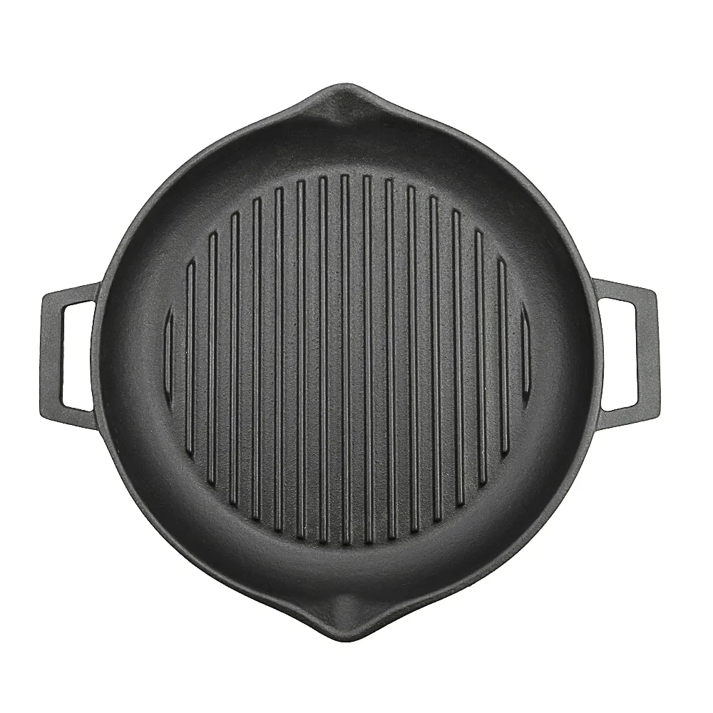 Cast iron baking tray, round double-handle ribbed frying pan, outdoor cookware, cast iron grill