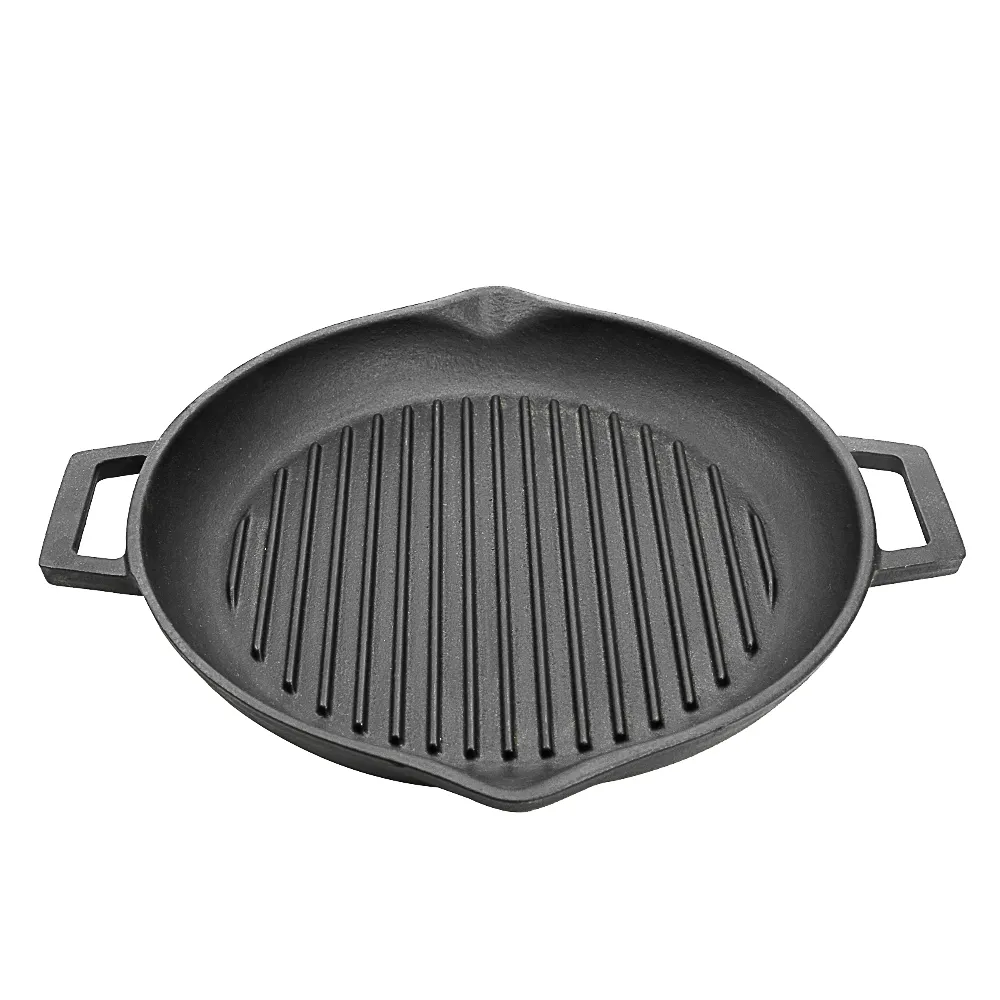 Cast iron baking tray, round double-handle ribbed frying pan, outdoor cookware, cast iron grill