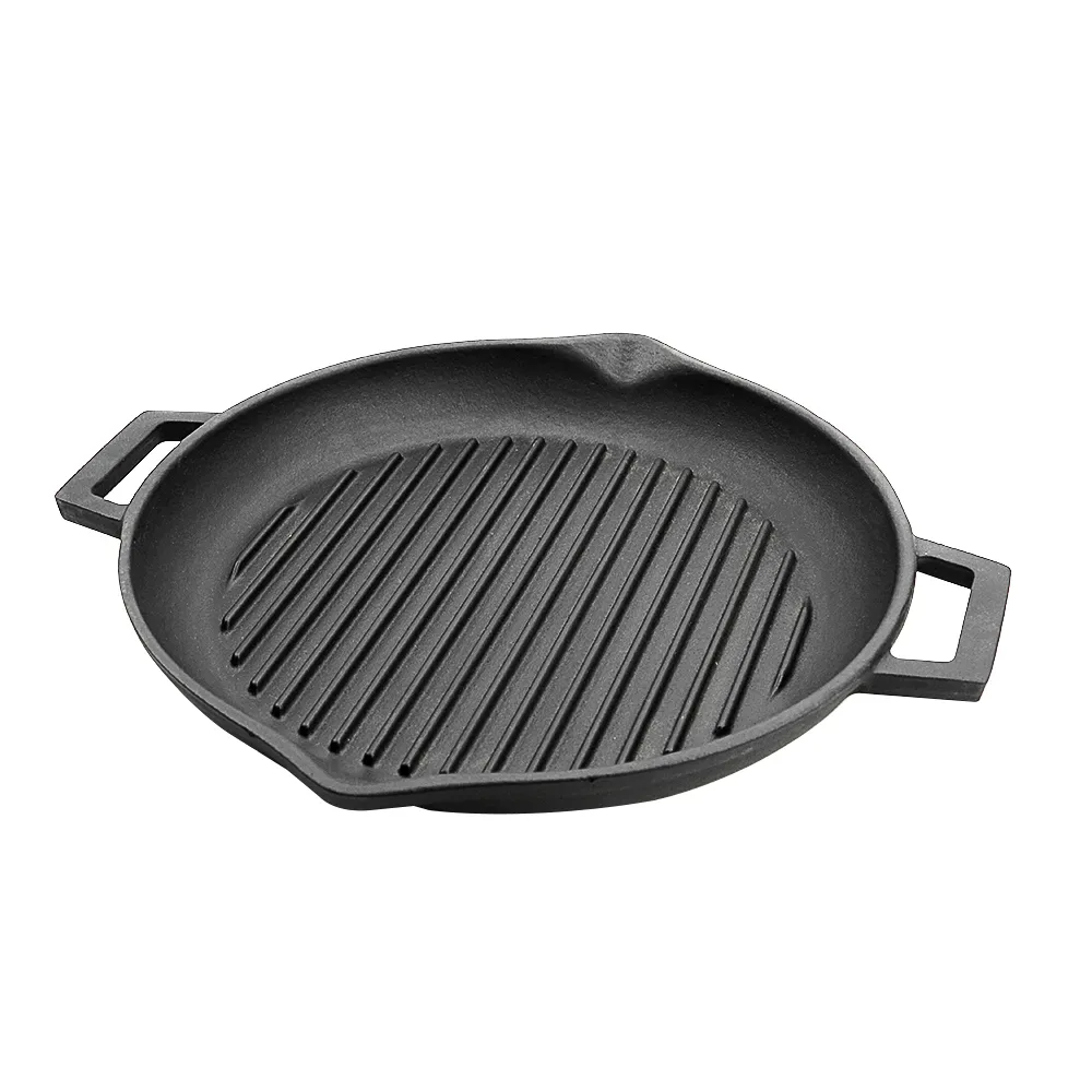 Cast iron baking tray, round double-handle ribbed frying pan, outdoor cookware, cast iron grill