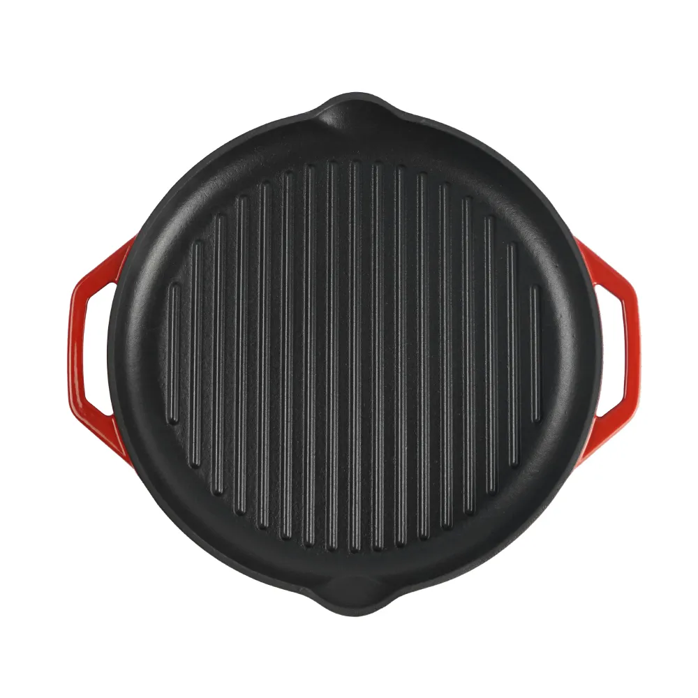 Cast iron baking tray, round double-handle ribbed frying pan, outdoor cookware, cast iron grill