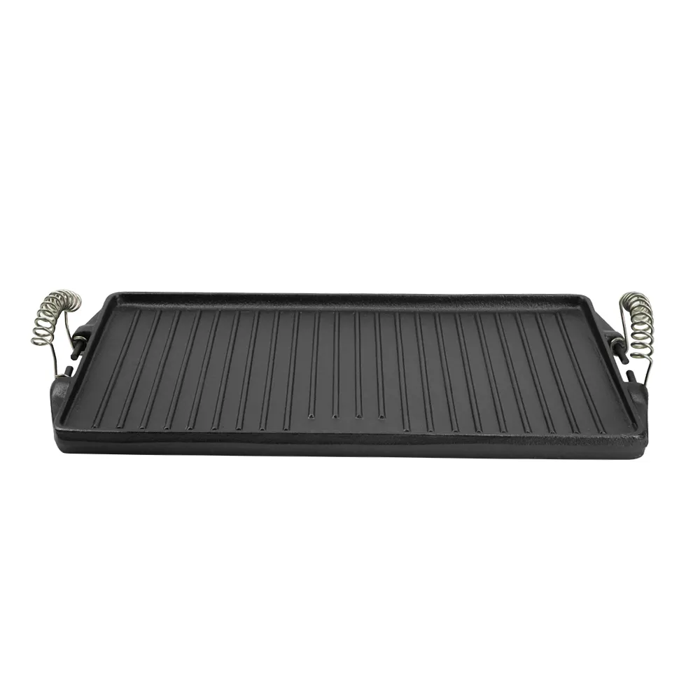 Double-sided cast iron grill/baking tray pre-treated cooking surface - smooth and ribbed - suitable for stoves, barbecues or bonfires