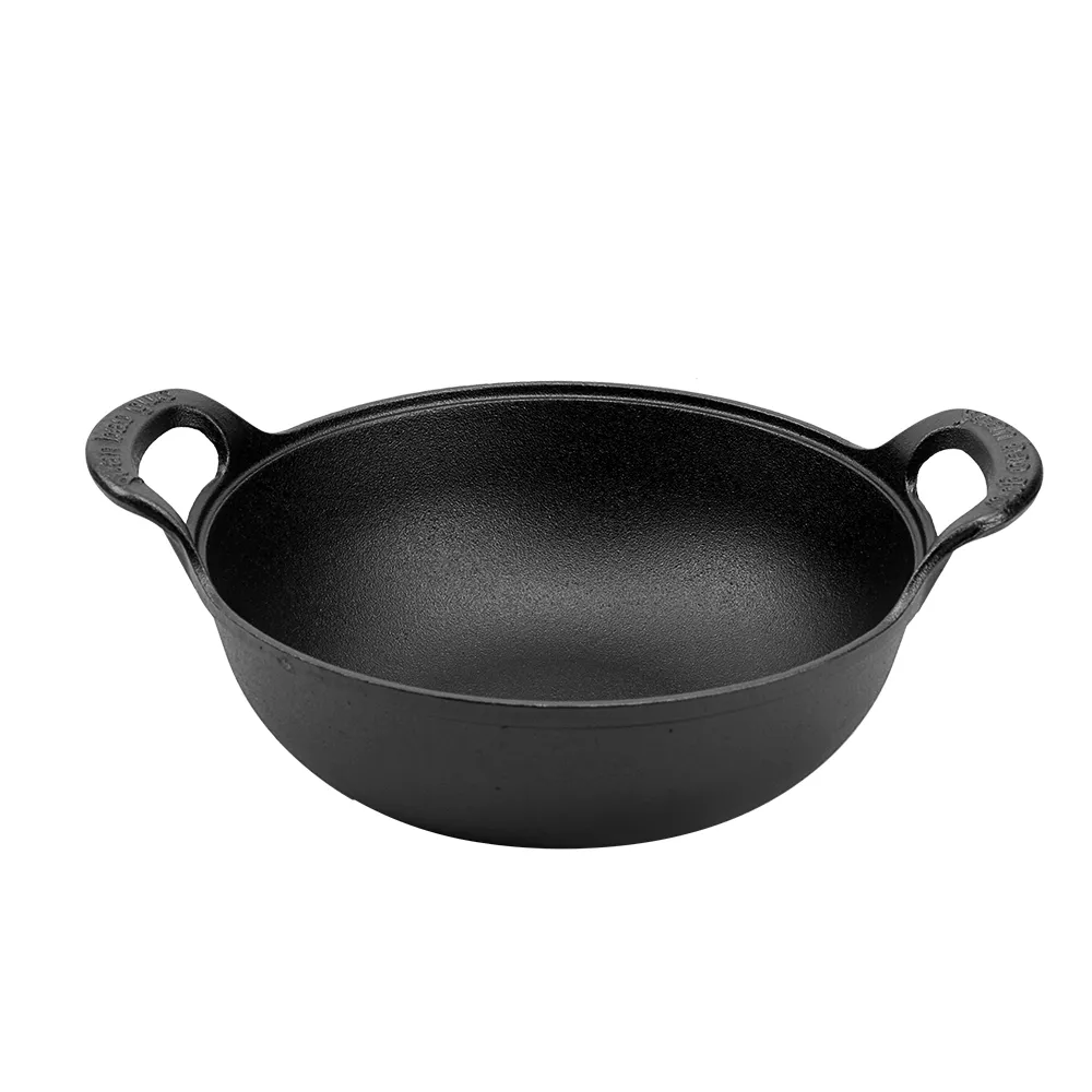 Cast iron wok with handle, multi-functional wok suitable for ovens, stoves or barbecue grills