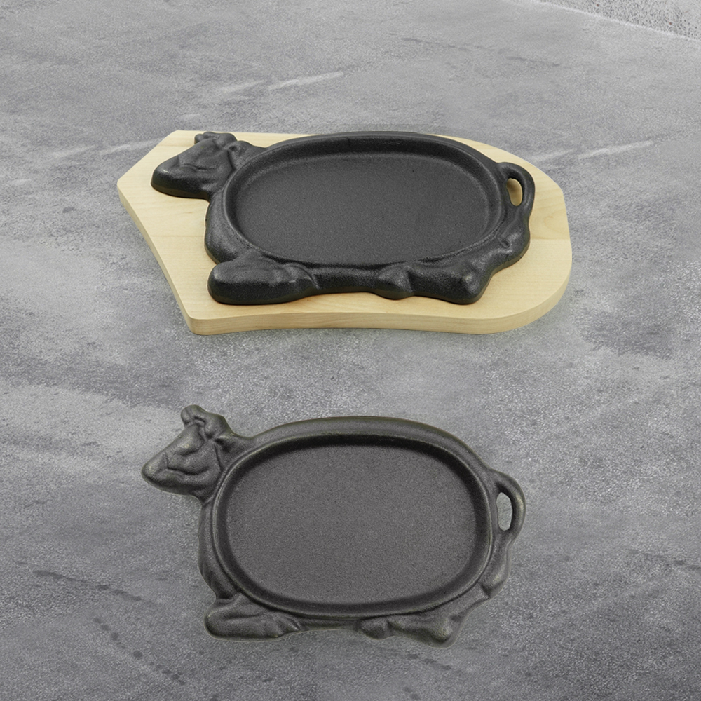 Beef-shaped cast iron steak plate Sizzle grill with wooden base Fajita grill plate