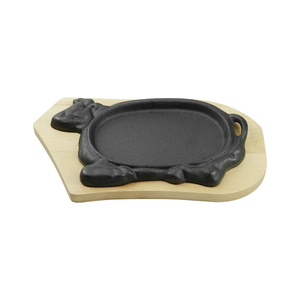 Beef-shaped cast iron steak plate Sizzle grill with wooden base Fajita grill plate