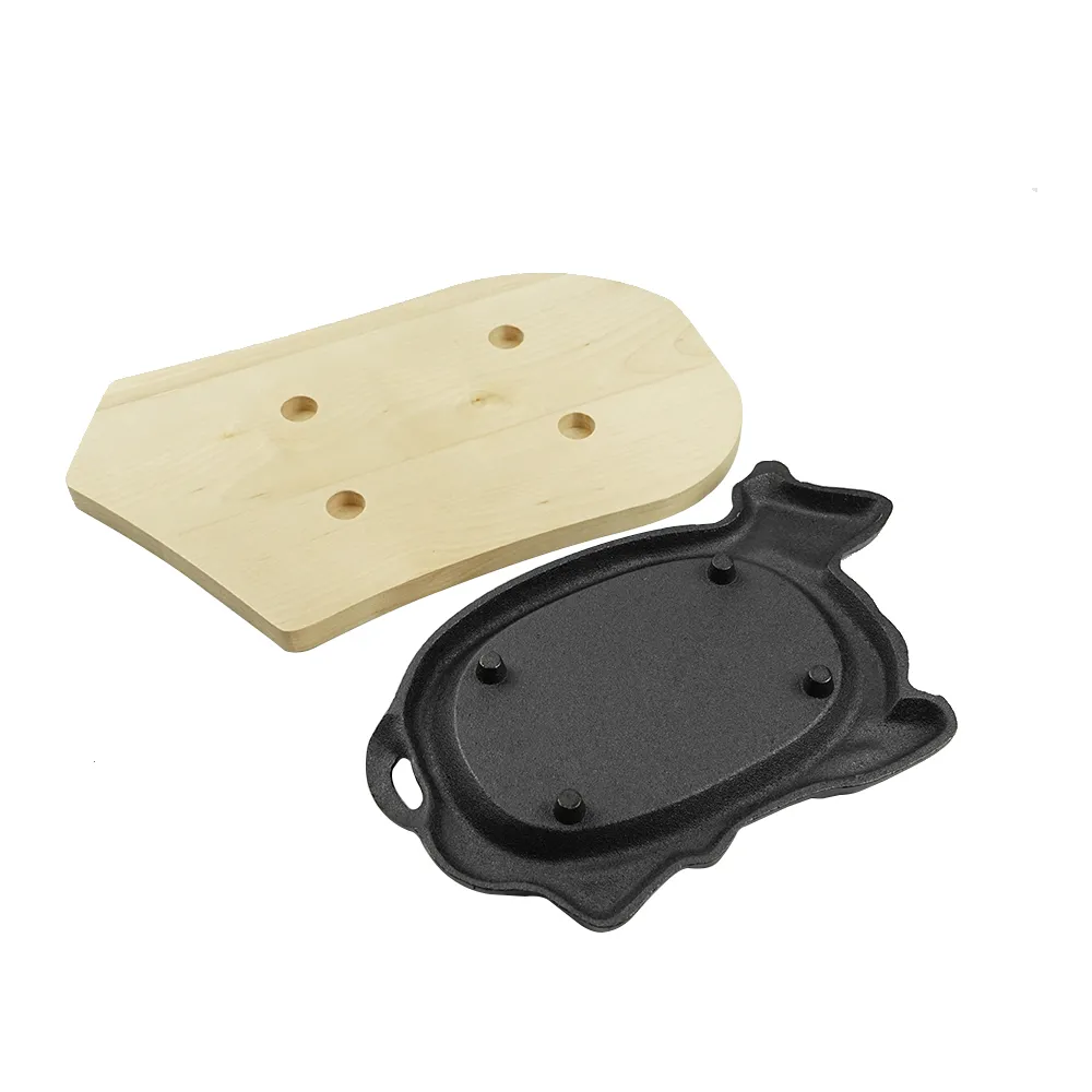 Beef-shaped cast iron steak plate Sizzle grill with wooden base Fajita grill plate