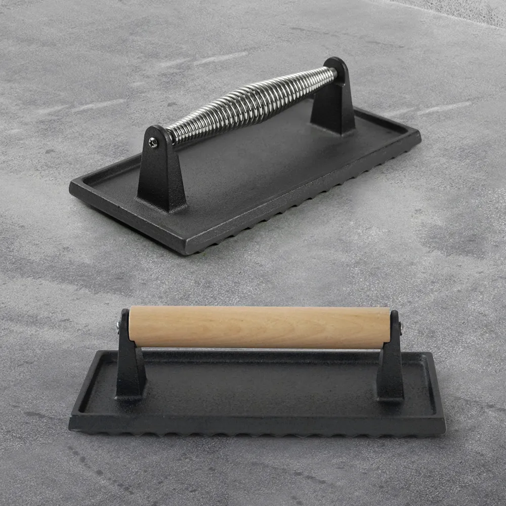 Cast iron barbecue press with wooden handle, non-stick rectangular hamburger press, suitable for steak, bacon, Paninis, etc