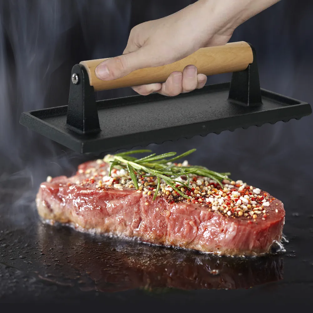Cast iron barbecue press with wooden handle, non-stick rectangular hamburger press, suitable for steak, bacon, Paninis, etc