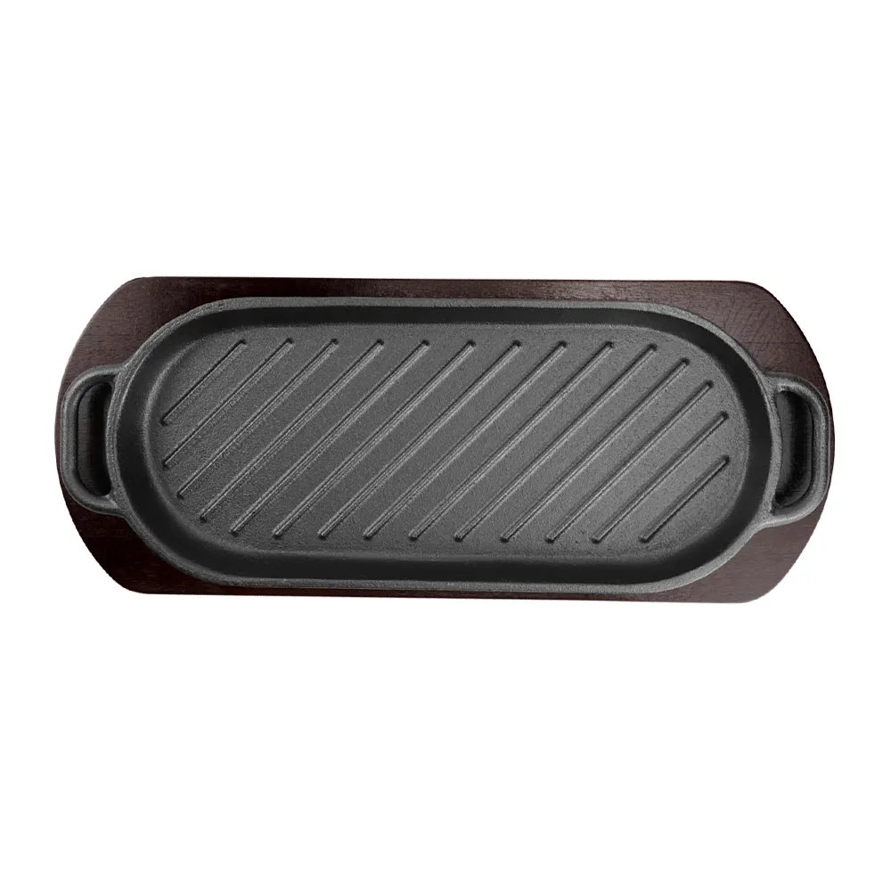 Fajita grill set, a cast iron grill with a wooden base for steak platter, is suitable for family dining rooms