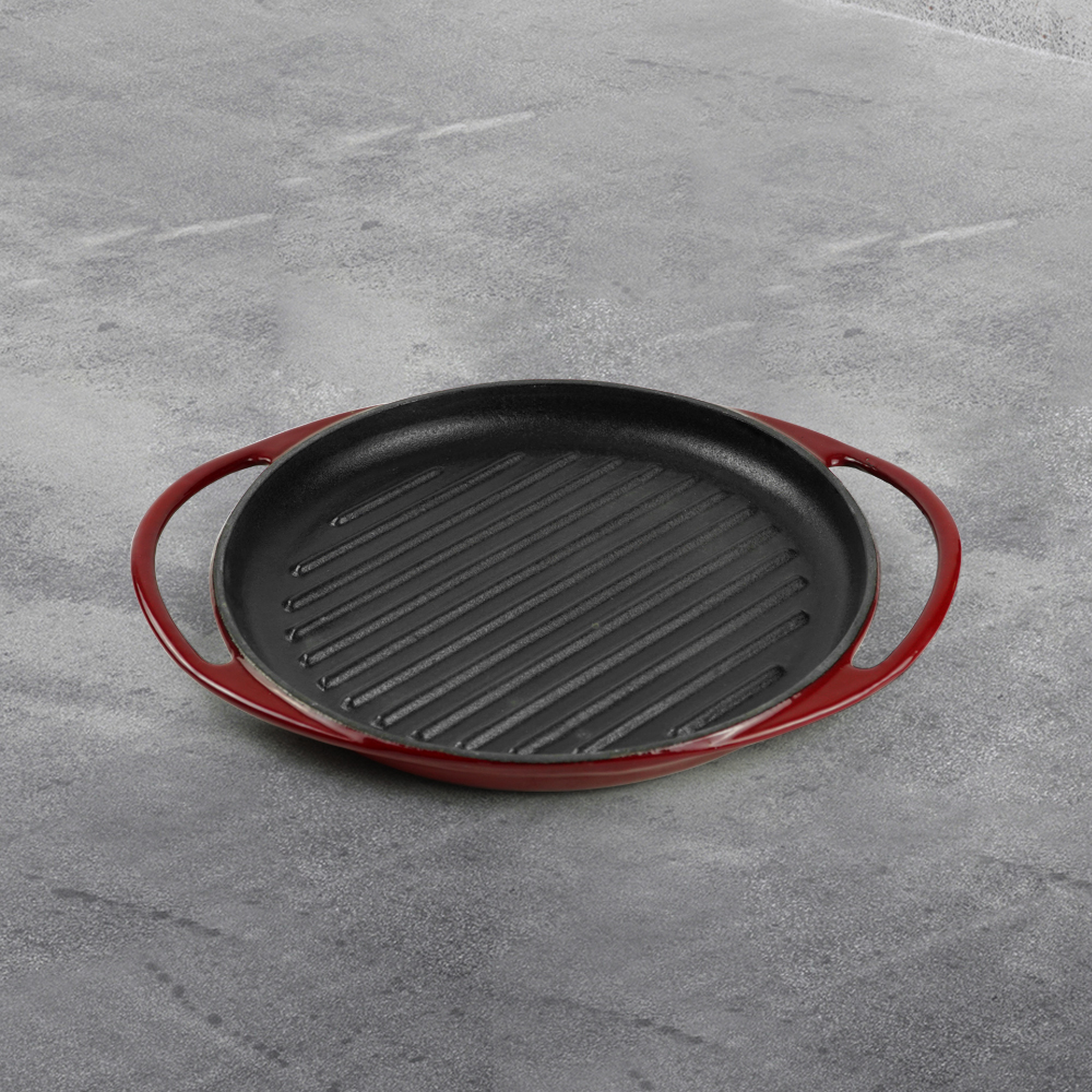 Round enamel cast iron baking tray - double auxiliary handles - suitable for ovens, stoves, barbecue grills or bonfires - red