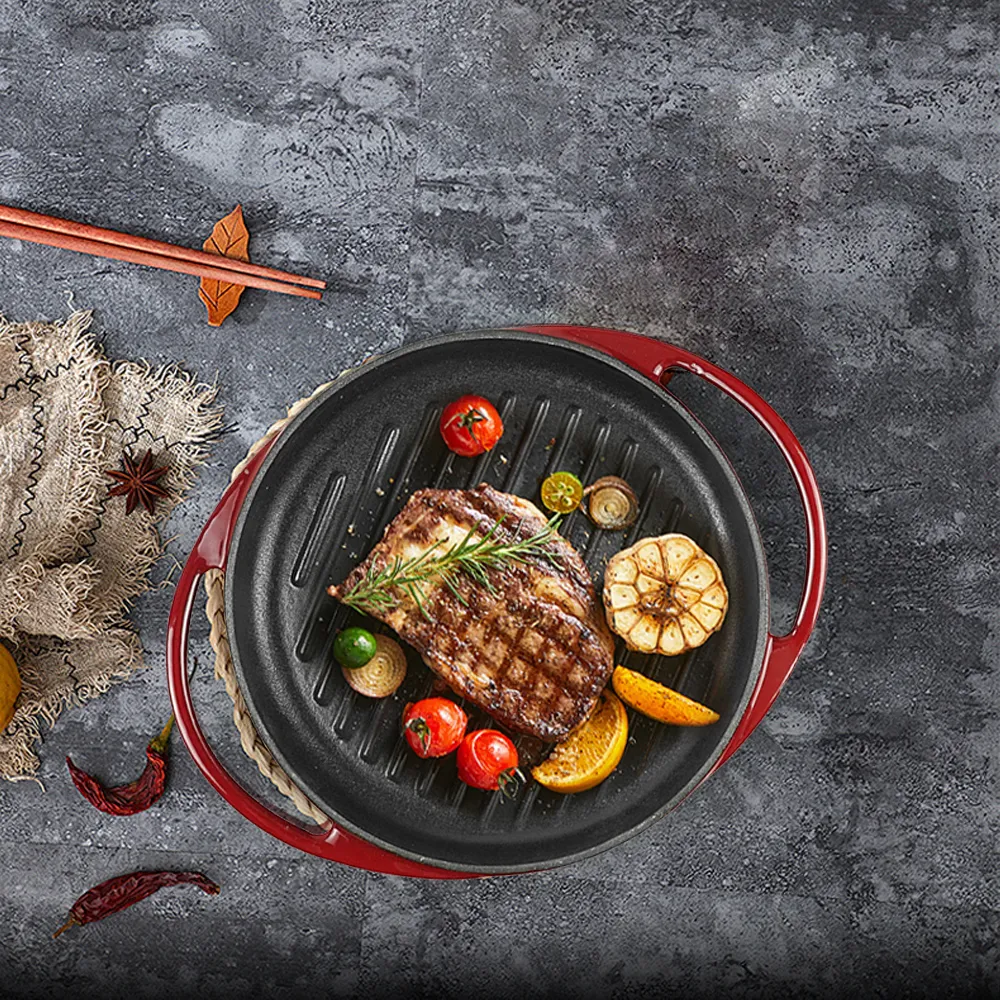 Round enamel cast iron baking tray - double auxiliary handles - suitable for ovens, stoves, barbecue grills or bonfires - red