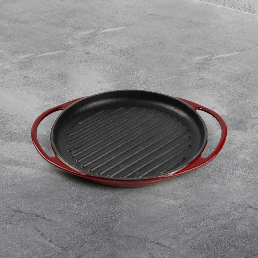 Round enamel cast iron baking tray - double auxiliary handles - suitable for ovens, stoves, barbecue grills or bonfires - red