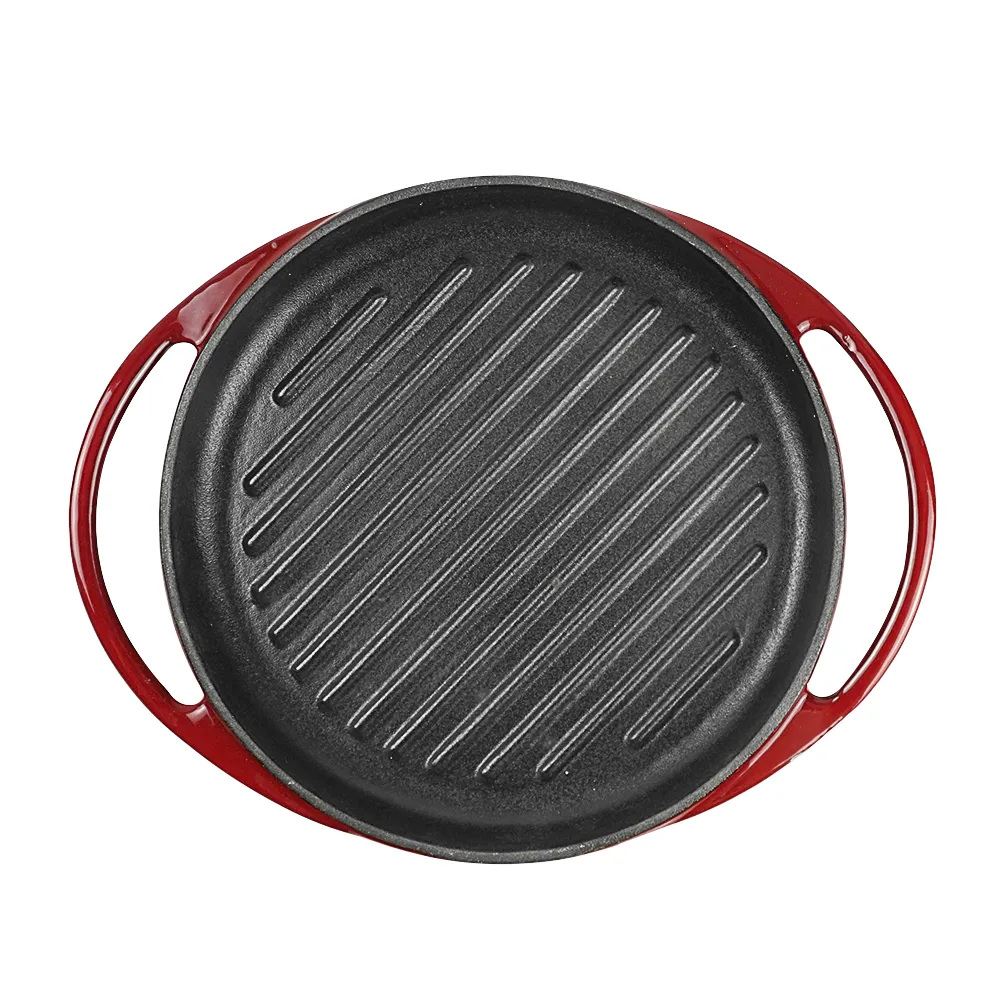 Round enamel cast iron baking tray - double auxiliary handles - suitable for ovens, stoves, barbecue grills or bonfires - red