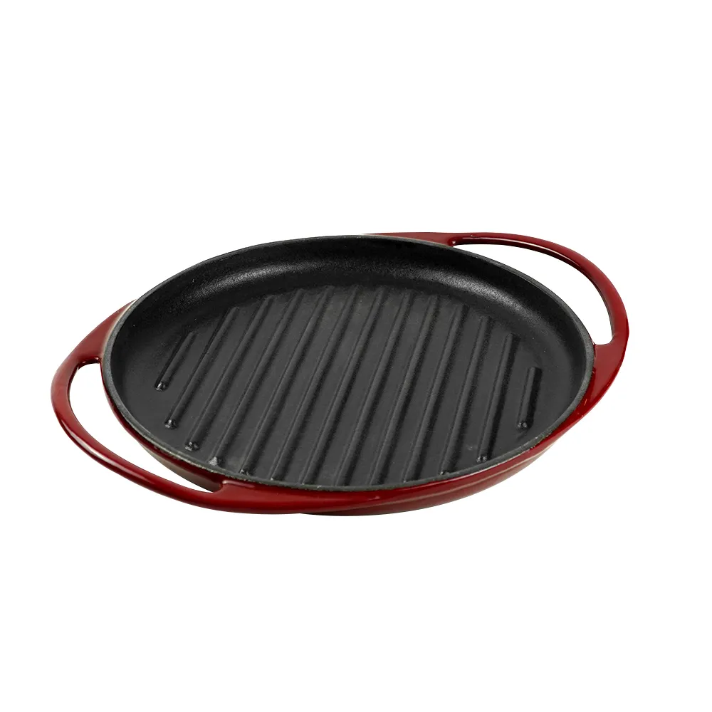 Round enamel cast iron baking tray - double auxiliary handles - suitable for ovens, stoves, barbecue grills or bonfires - red