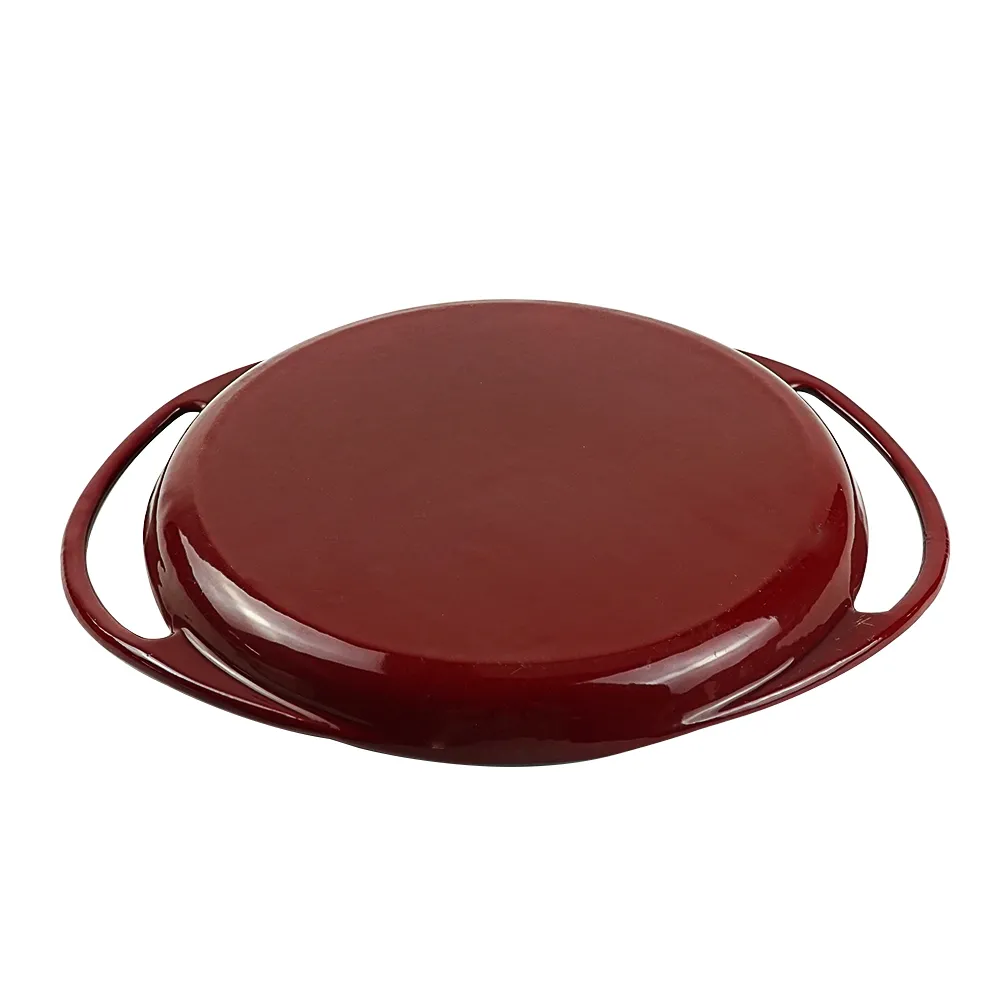 Round enamel cast iron baking tray - double auxiliary handles - suitable for ovens, stoves, barbecue grills or bonfires - red