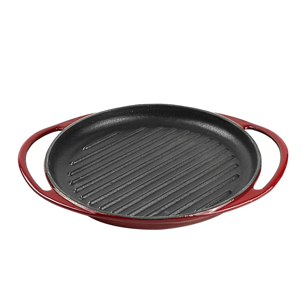 Round enamel cast iron baking tray - double auxiliary handles - suitable for ovens, stoves, barbecue grills or bonfires - red