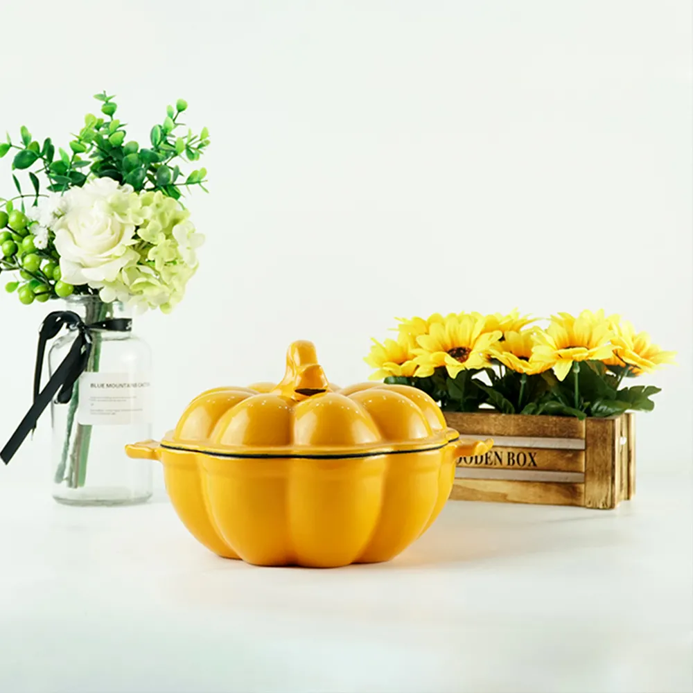 Enamel cast iron pumpkin Dutch pot with lid, cooking pot, casserole, orange - decorative gift