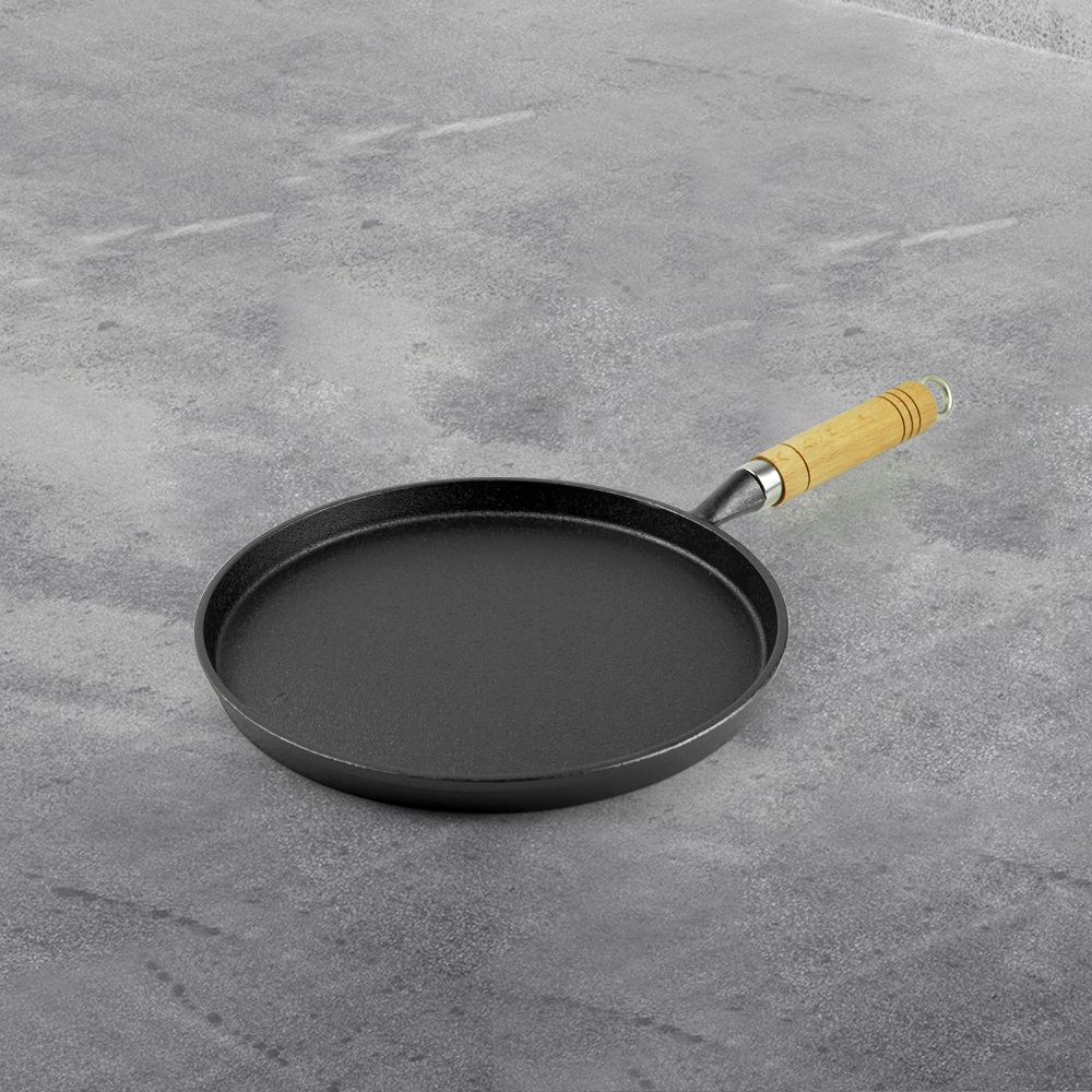 Cast-iron wooden handle frying pan - household frying pan, pizza pan, pancake pan, breakfast pancake pan