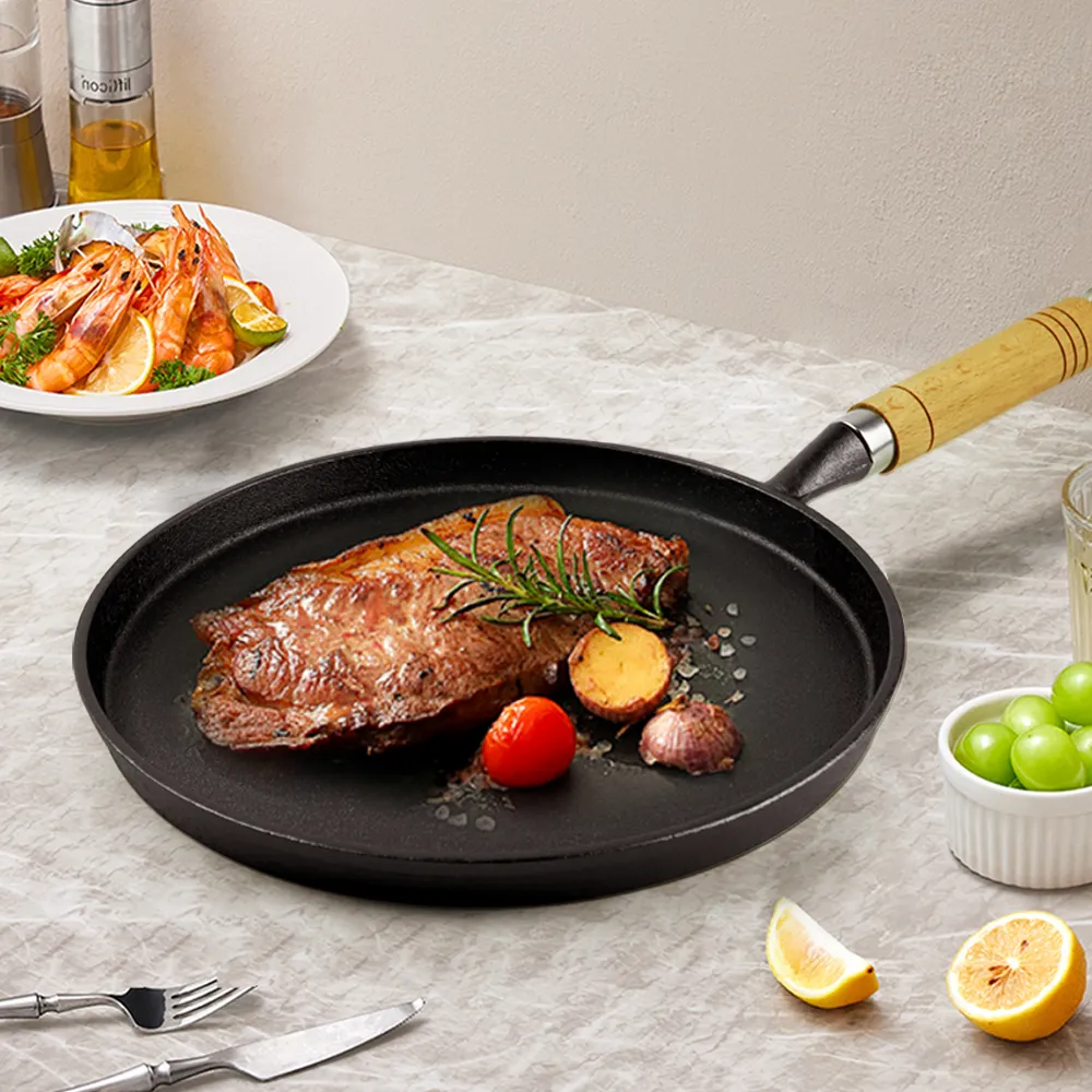 Cast-iron wooden handle frying pan - household frying pan, pizza pan, pancake pan, breakfast pancake pan