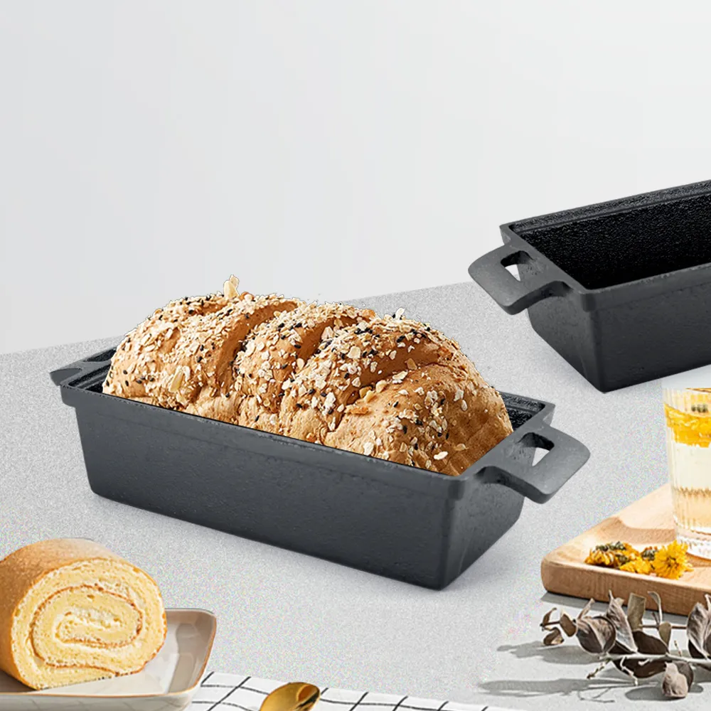 Cast iron bread pan with lid, bread baking pan, uniform heat distribution, suitable for homemade bread, cakes and meat patries, 2-piece set