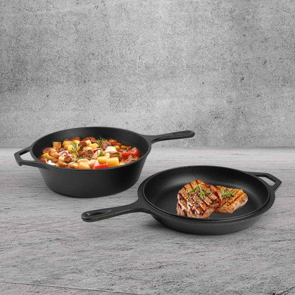 2-in-1 pre-seasoned cast iron Dutch grill with handle - Stew pot with frying pan lid