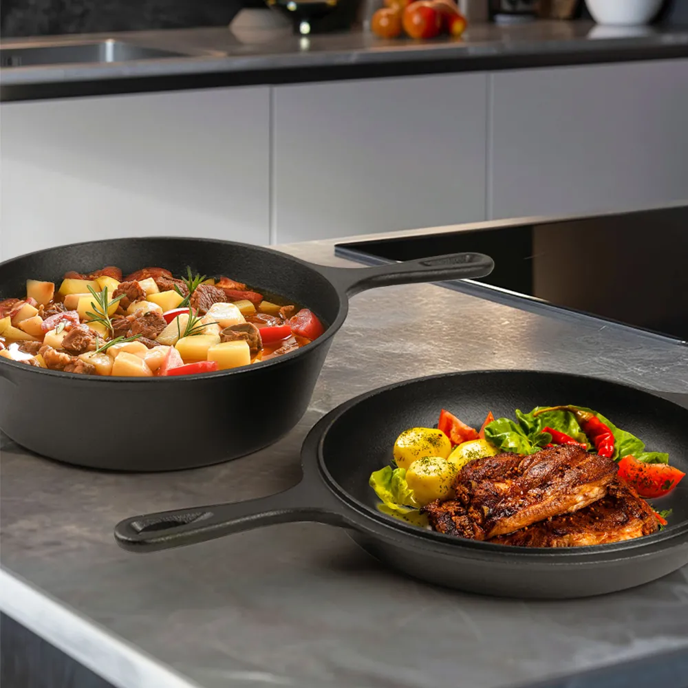 2-in-1 pre-seasoned cast iron Dutch grill with handle - Stew pot with frying pan lid