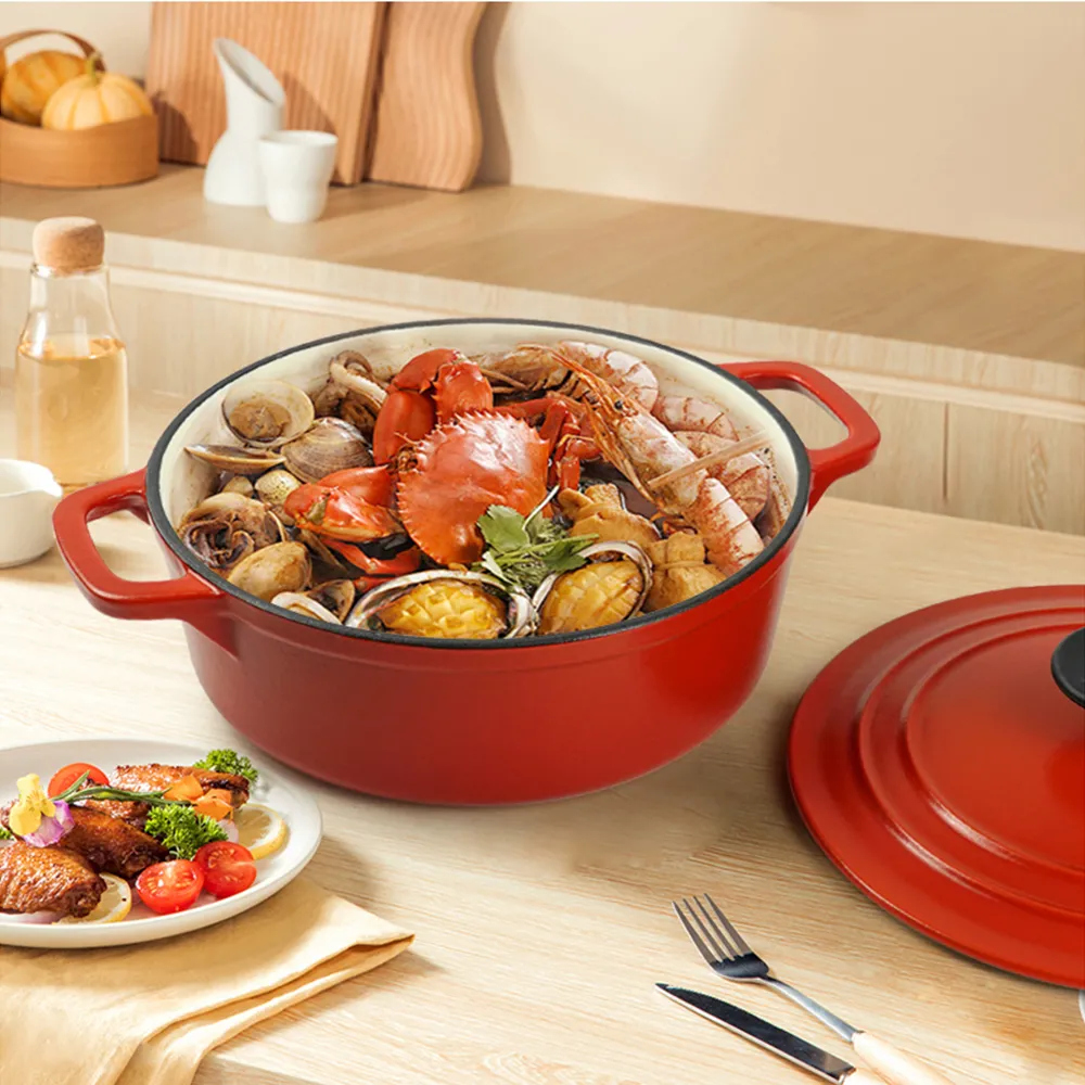 Enamel cast iron classic round Dutch baking pan, suitable for bread making, stew POTS, double handle (matte red)