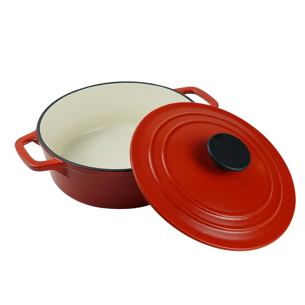 Enamel cast iron classic round Dutch baking pan, suitable for bread making, stew POTS, double handle (matte red)