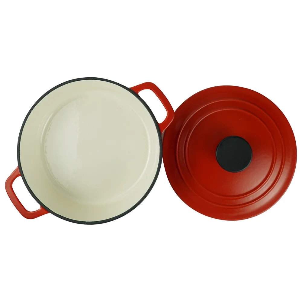 Enamel cast iron classic round Dutch baking pan, suitable for bread making, stew POTS, double handle (matte red)