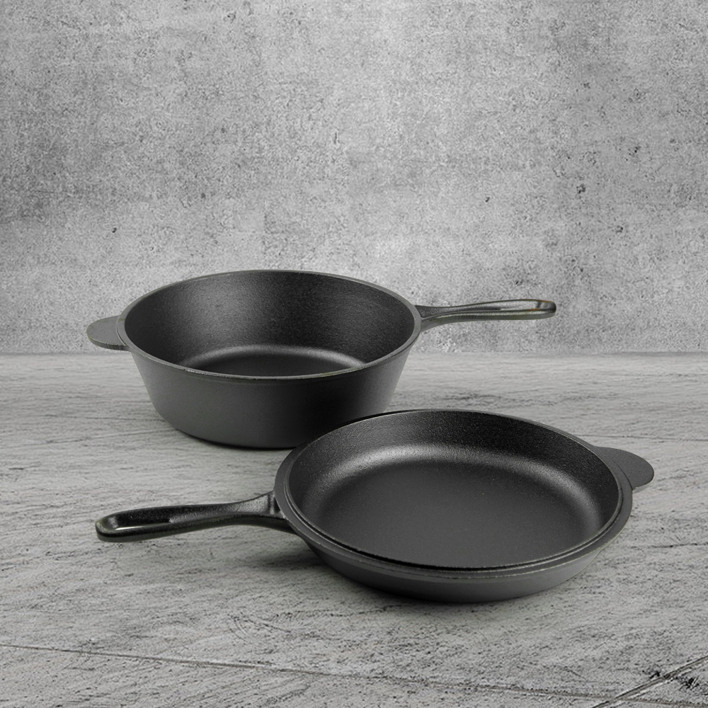 2-in-1 dual-purpose cast iron Dutch pot with double handles and barbecue lid, outdoor cooking pot set