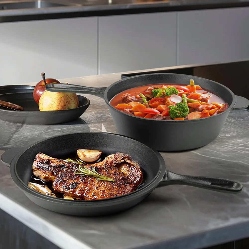 2-in-1 dual-purpose cast iron Dutch pot with double handles and barbecue lid, outdoor cooking pot set