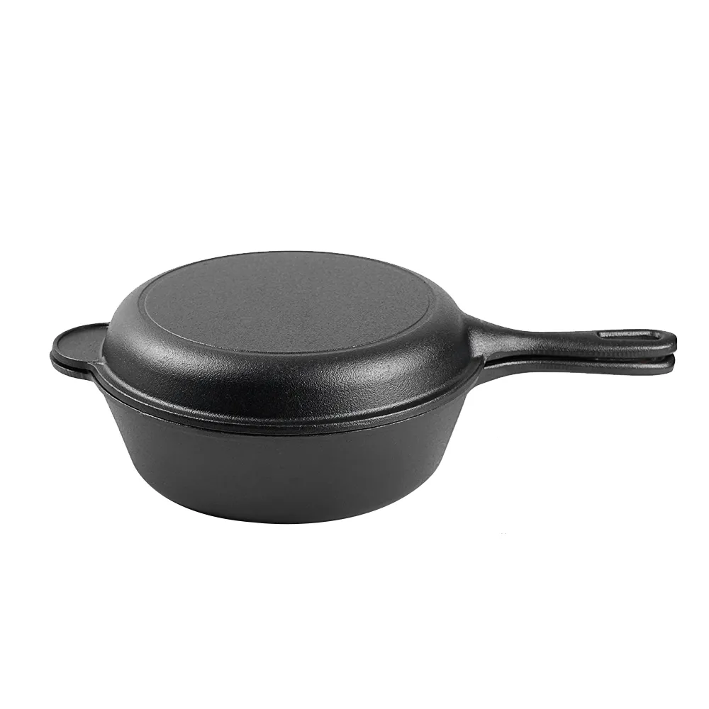 2-in-1 dual-purpose cast iron Dutch pot with double handles and barbecue lid, outdoor cooking pot set