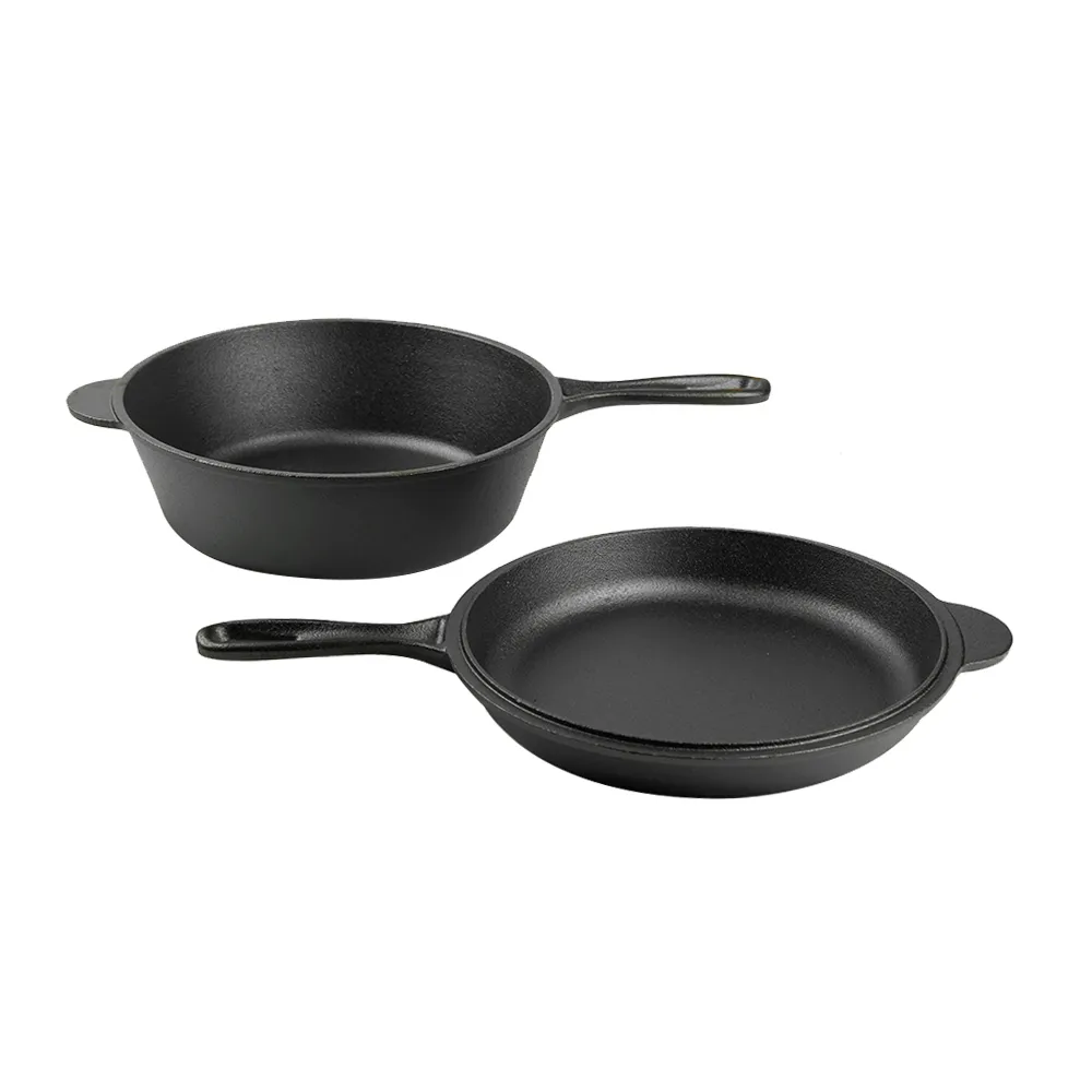 2-in-1 dual-purpose cast iron Dutch pot with double handles and barbecue lid, outdoor cooking pot set