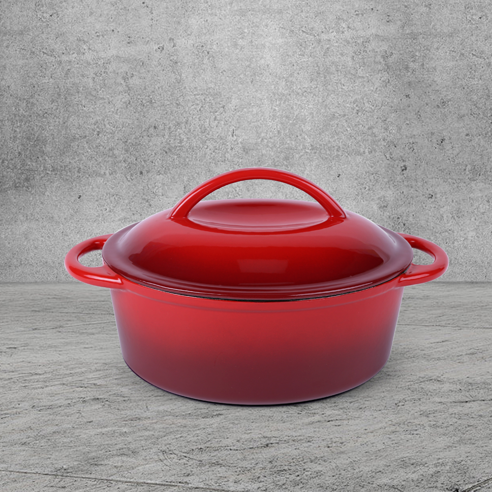Oval-shaped pre-seasoned cast iron Dutch baking pan, red enamel soup pot with lid and double handles