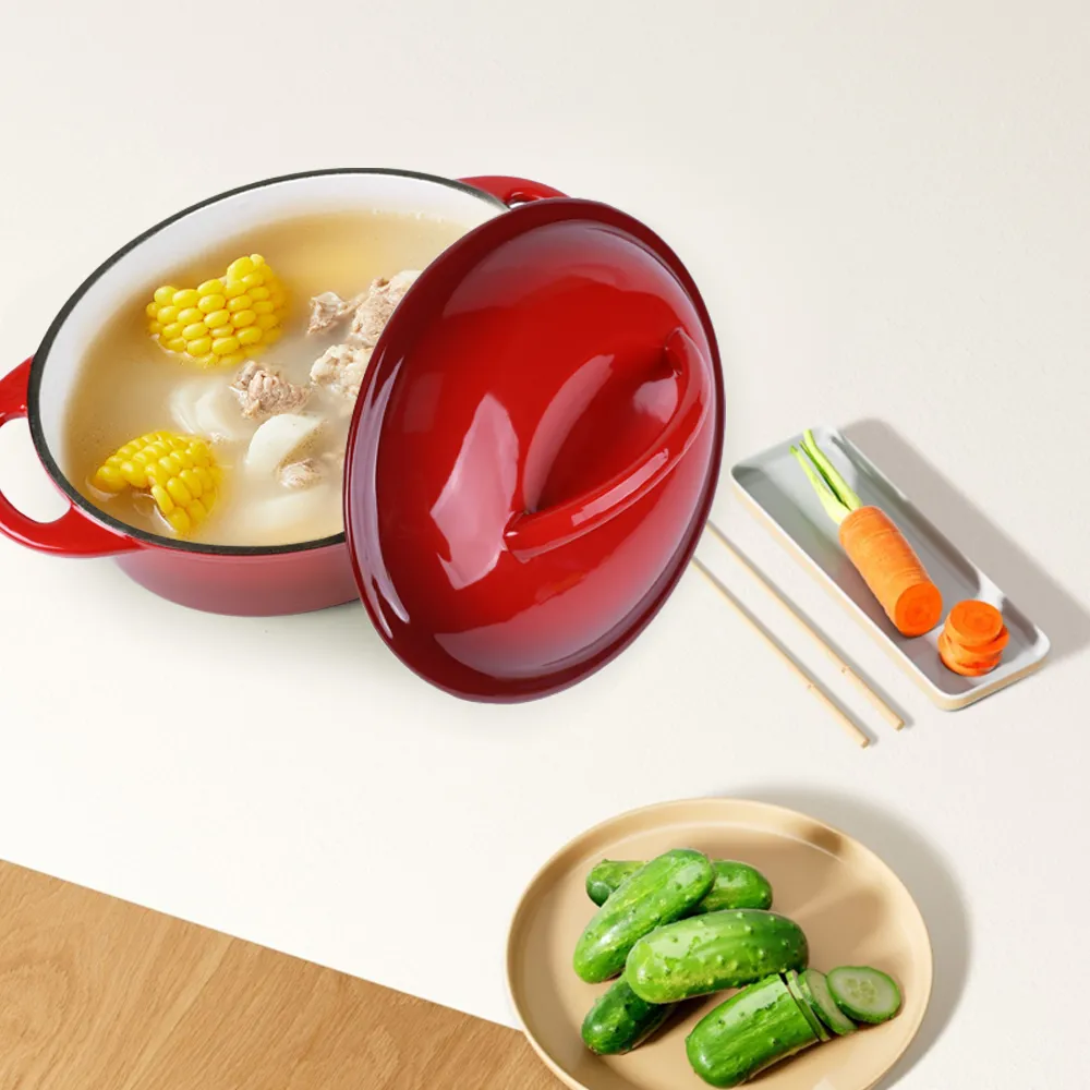 Oval-shaped pre-seasoned cast iron Dutch baking pan, red enamel soup pot with lid and double handles