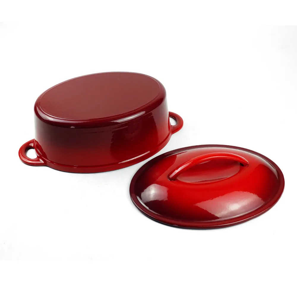 Oval-shaped pre-seasoned cast iron Dutch baking pan, red enamel soup pot with lid and double handles