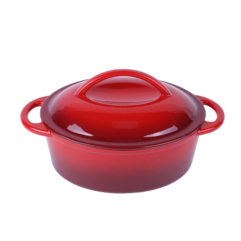 Oval-shaped pre-seasoned cast iron Dutch baking pan, red enamel soup pot with lid and double handles