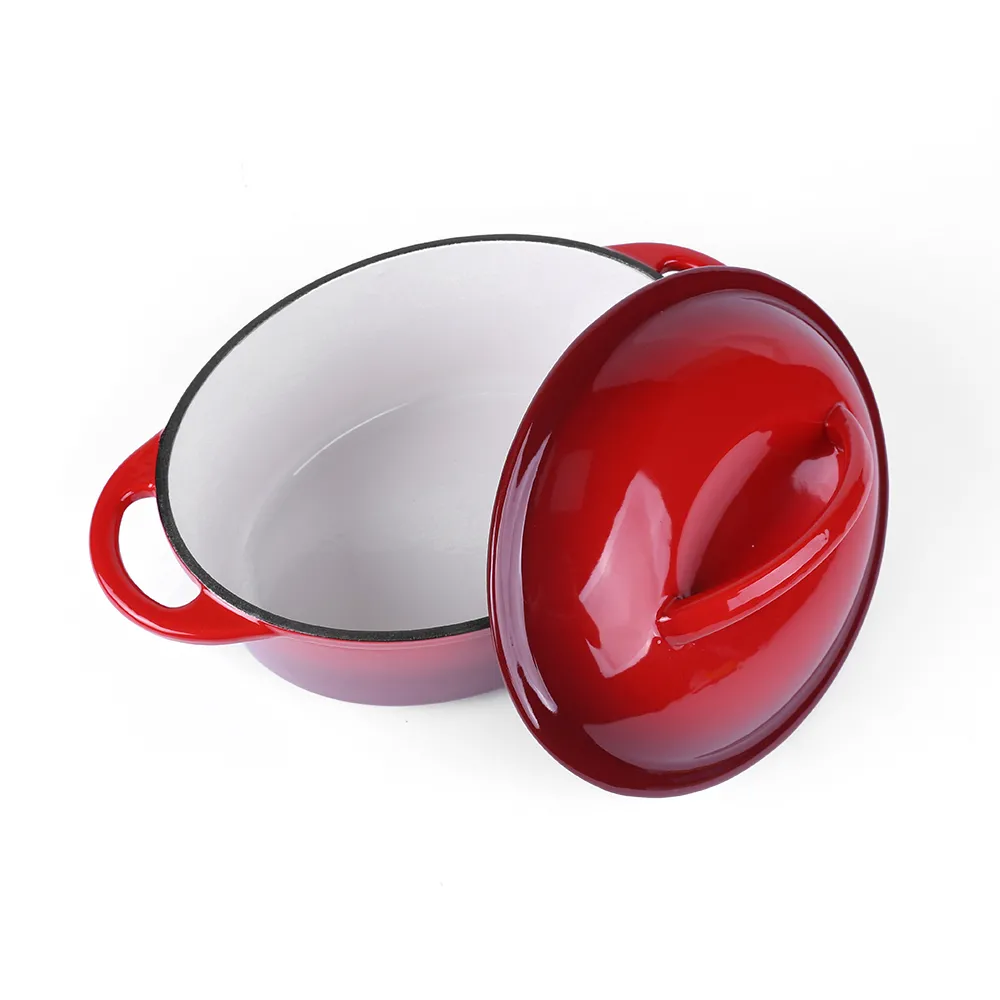 Oval-shaped pre-seasoned cast iron Dutch baking pan, red enamel soup pot with lid and double handles