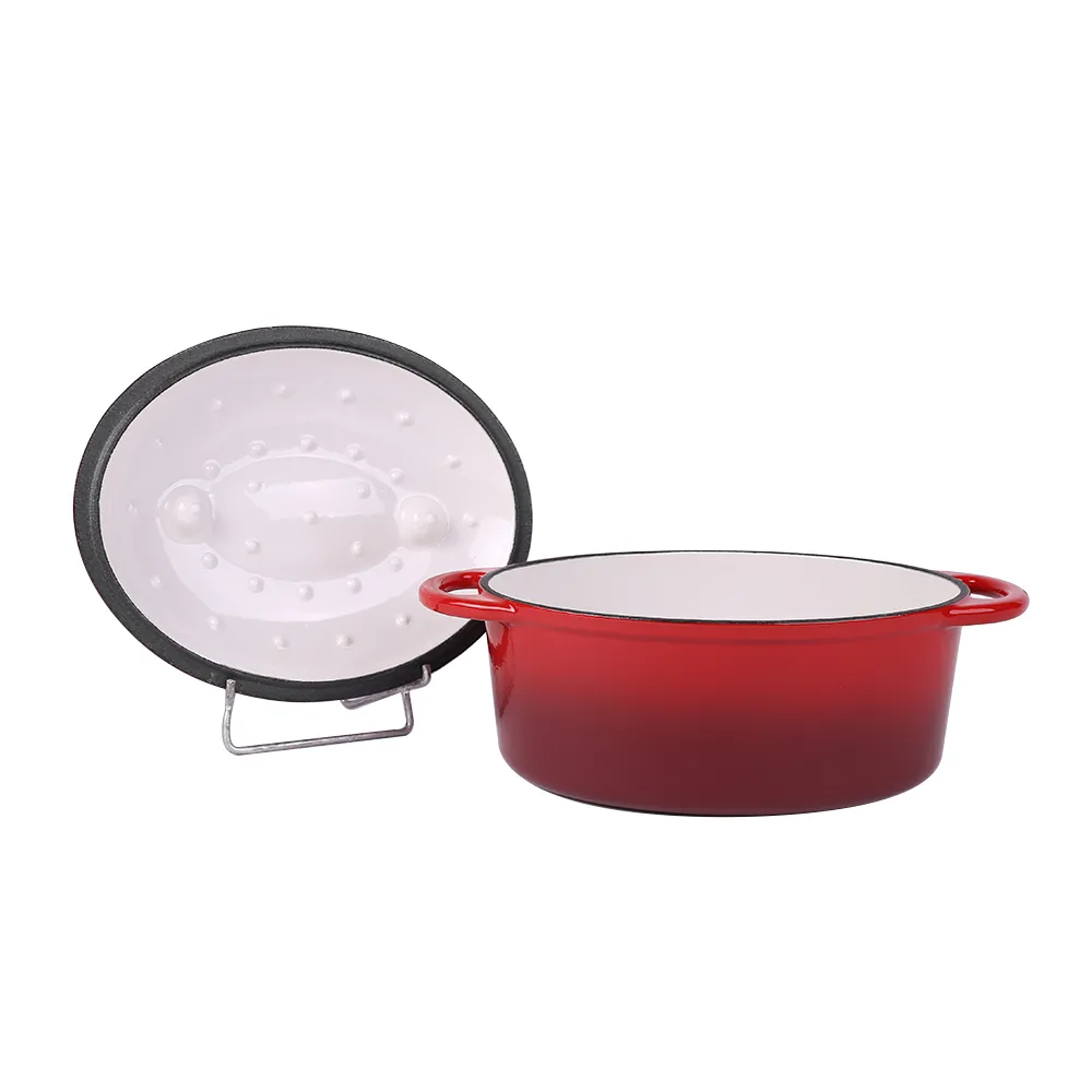 Oval-shaped pre-seasoned cast iron Dutch baking pan, red enamel soup pot with lid and double handles