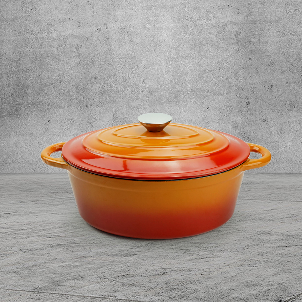 Oval-shaped Dutch oven cast iron pan with non-stick enamel coating, for bread baking