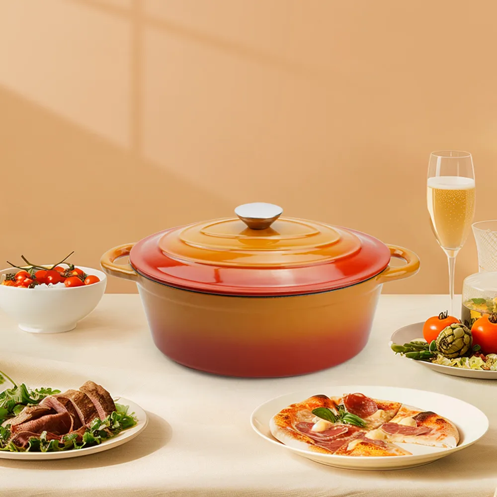 Oval-shaped Dutch oven cast iron pan with non-stick enamel coating, for bread baking