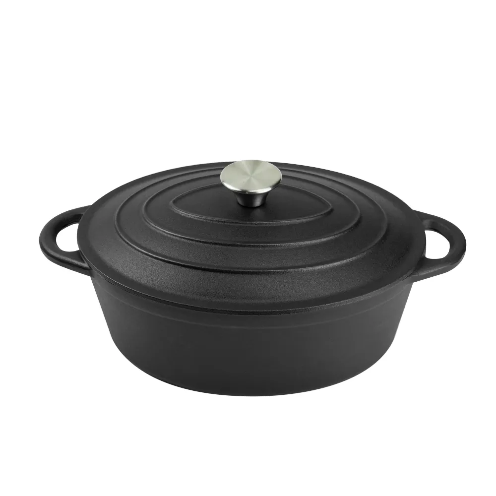 Oval-shaped Dutch oven cast iron pan with non-stick enamel coating, for bread baking