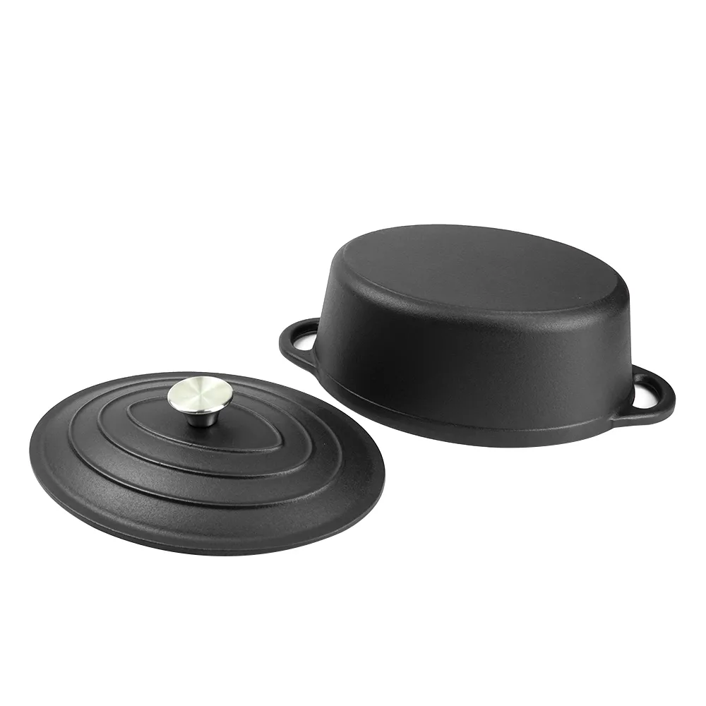 Oval-shaped Dutch oven cast iron pan with non-stick enamel coating, for bread baking