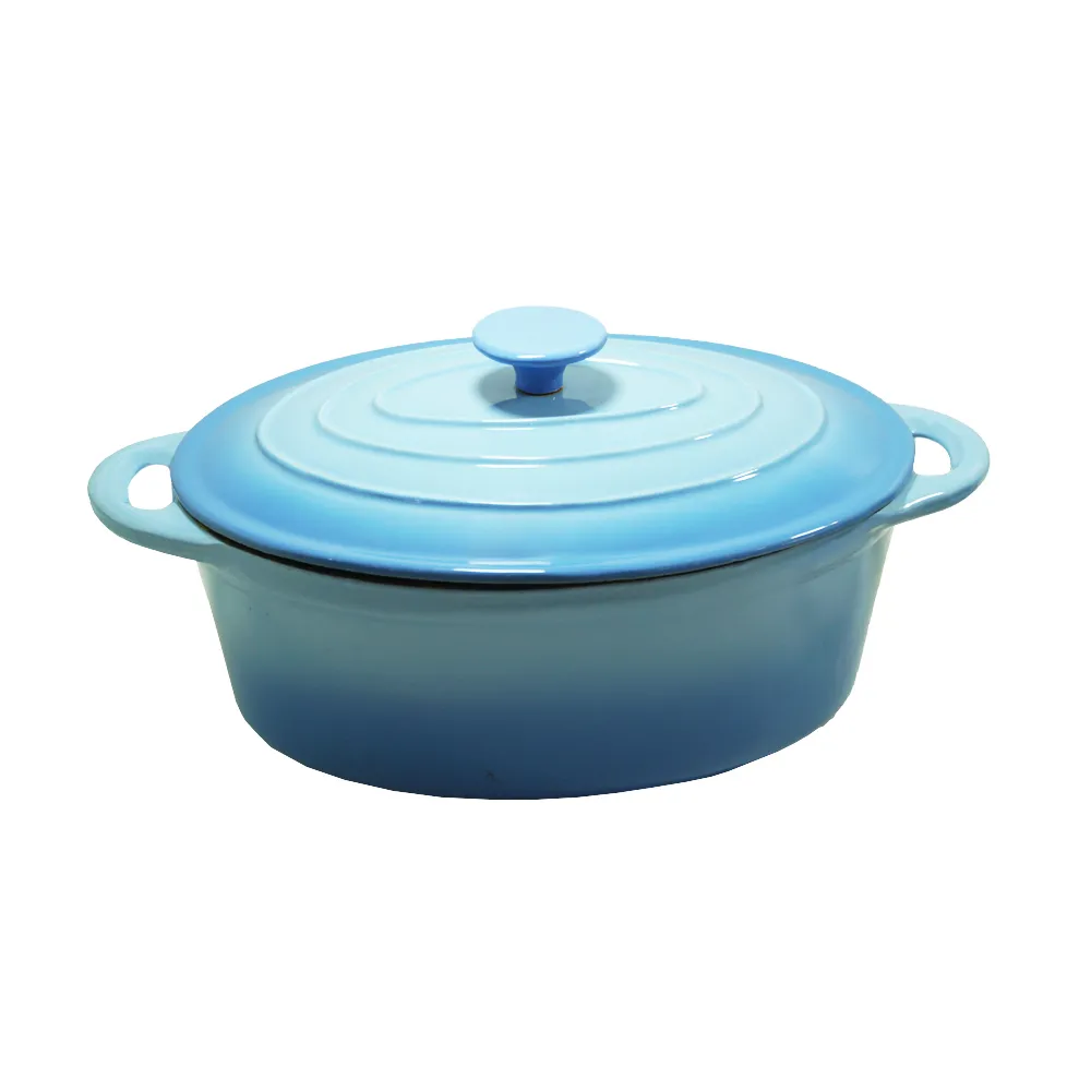 Oval-shaped Dutch oven cast iron pan with non-stick enamel coating, for bread baking