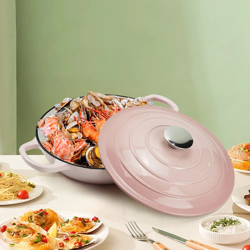 Round cast iron enamel cookware: 26cm non-stick shallow stew pot and seafood soup pot